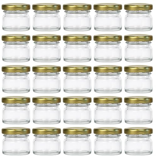 Vitrea 25x Mini Marmeladengläser 30 ml - mit Deckel Gold TO 43 - kleine Einmachgläser zum befüllen mit Schraubdeckel - Schraubgläser - leere Gläser für Marmelade - 25 Stück