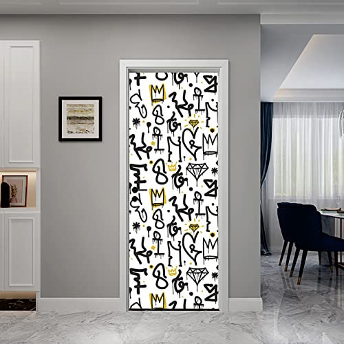 Türtapete Selbstklebend Weiße Schwarze Graffiti Türfolie Selbstklebend 3D Türtapete Wasserdicht Abnehmbare Türaufkleber PVC Türposter Selbstklebend Wohnzimmer Tür Aufkleber(77x200cm)