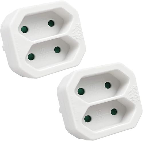 EXTRASTAR 2 en 1 Adaptador Plano con 2 Enchufes Schuko, 2 Tomas Adaptador, hasta Carge 2300W, 10A, 250V, Blanco, 2 pcs