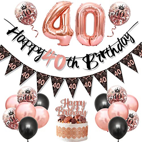40 Geburtstag Dekoration Frauen, KISPATTI Luftballon 40. Geburtstag Deko Schwarz Rosegold Mit Wimpelkette Banner,Happy Birthday Girlande