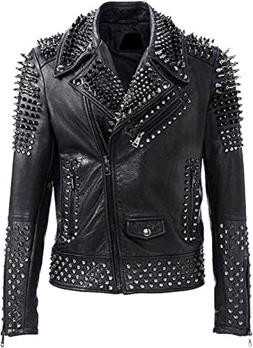 Brando Spikes dubbad rock punk motorcykel svart biker läderjacka, Svart – äkta läder, S