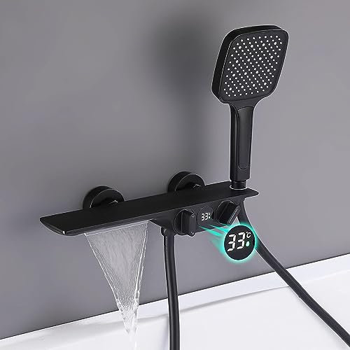 Yalsfowe Schwarz Badewannenarmatur mit Handbrause Wasserfall Badewanne Wasserhahn Mischbatterie Badewanne Temperaturanzeige Wannenarmatur mit Brause Schwarz