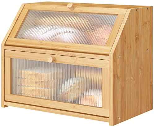 Vriccc Bread Box for Kitchen Counter, Large Bamboo Wood Double Layer Bread Box, Wooden Bread Storage Capacity