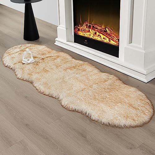 CKLZSAY Faux Fur Rug Runner 2x6 ft White Yellow - Machine Washable Super Soft Plush Shaggy Fluffy Area Carpet,Sheepskin Rug Fuzzy Floor Mat for Bedroom, Sofa,Living Room, Bedside, Nursery & Kids Room