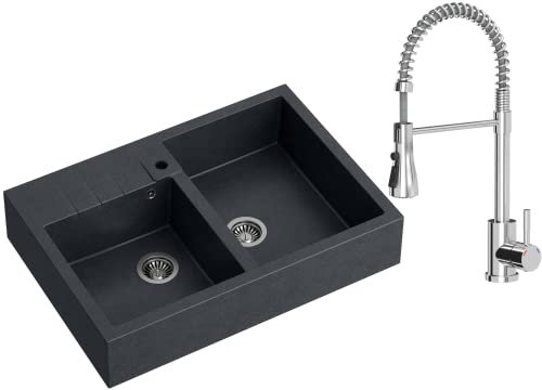 VBChome Évier de cuisine - 90 x 62 cm - Double bol - Noir - Granit - Rectangulaire - Encastrable - Grand bac profond - En granit - Avec siphon et robinet