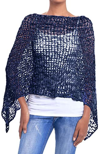 JOPHY & CO. Poncho für Damen, gestrickt mit Mesh Effekt, Sommer und Frühling, Häkeltuch für Damen, leicht und weich (cod. 1511), dunkelblau, XXL