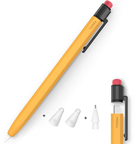LJFLYXRI Compatible for Apple Pencil 1ST Gen Silicone Sleeve,Roll-Off Prevention Perfect Comfortable Silicone Feel with Pen Clip Protective Case with Replace Nib and Fiber Nib Cover (Yellow)