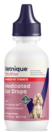 Vetnique Oticbliss Cat & Dog Ear Infection Treatment | Dog Ear Allergy Relief Drops, MicroSilver Yeast Infection Treatment for Dogs, Hydrocortisone for Itching, Redness Swelling (Ear Infection Drops)