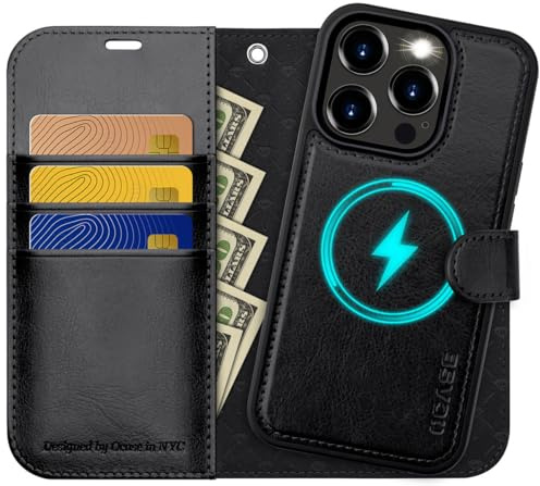 OCASE iPhone 15 Pro Max Hülle(2in1) Leder Stoßfestes Case [Abnehmbare magnetische Hülle] [Kabelloses Laden] [Kartenfach] Handyhülle RFID Schutzhülle Etui Klapphülle Schwarz 6,7 Zoll