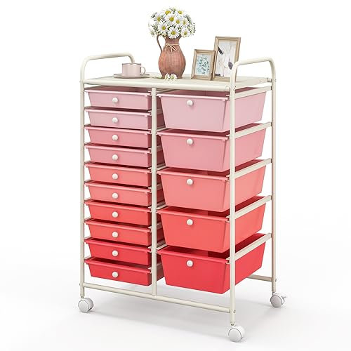 KOMFOTTEU Rollwagen mit 10/15 Schubladen stapelbar, Badrollwagen Rollcontainer mit Metallrahmen, Allzweckwagen Haushaltswagen Beistellwagen für Bad & Küche (Rosa, 15 Schubladen)