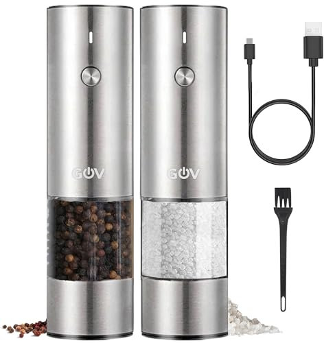 GOV Salz und Pfeffermühle Elektrisch 2er Set - USB-C Wiederaufladbar - 75 ml Edelstahl Edition - Stilvolles Edelstahldesign