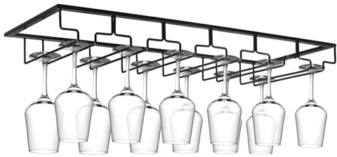 Xverycan Wine Glass Rack Under Cabinet, 6 Row Extreme Large Stemware Hanger, Metal Wine Goblet Holder, DIY Bar Glass Storage Rack for Bar Counter, Kitchen, Screws Included (Black)