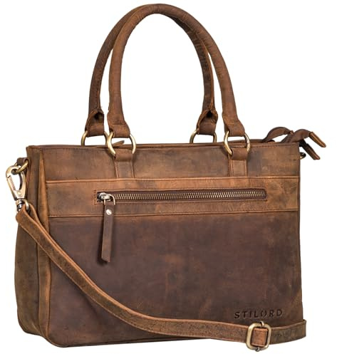 STILORD Frauke Organisierte Leder Handtasche Damen Umhängetasche Vintage Schultertasche Shopper Messenger Tasche Ledertasche Bürotasche Henkeltasche Echtleder Farbe:porto - cognac