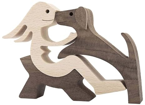 Milageto Handgefertigte Holzstatue, Holzfrau, Hund, Schnitzornamente, Holzhund, Familienstatue, Holzschnitzerei, Hund für Männer und Frauen, Tischplatte, Stil b