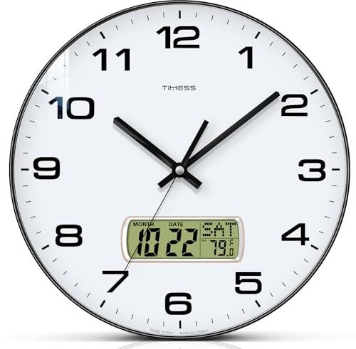 TIMESS Wall Clock, 12 Dial Non-Ticking Silent Battery Operated Analog with LCD Display for Perpetual Calendar and F° Temperature, Ideal Modern Home, Bedroom, Kitchen, Office Decor (Black)