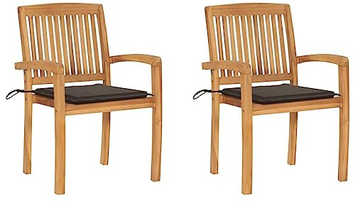 CKioict Stapelstuhl Bistrostuhl Balkonmöbel Gartenstühle 2 STK. mit Taupe Kissen Massivholz Teakfür Gärten, Pools, Terrassen
