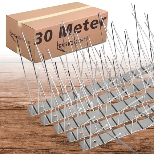PRIOstahl Taubenabwehr Taubenspikes Vogelabwehr mit Edelstahlgrundplatte 6-reihig 30 Meter (60 x 0,50cm Spikes) Vogelschutz Abwehr für Balkon Dach Fenster UV-Beständig & rostfrei Edelstahl V2A