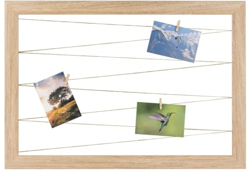 CLAMARO Bilderrahmen mit Juteband-Fotoleine, Eiche Natur, 70 x 50 cm | Neo Collage Line, 20 Holzklammern aus Echtholz, 38 mm breiter MDF-Rahmen, Metall-Wandhalterung für Hochformat
