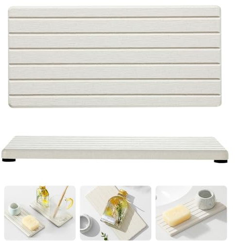 Razborci 2 Pack Greige Bathroom Sink Vanity Trays, Diatomite Stone Kitchen Counter Caddy Dish Soap Dispenser Sponge Holder, Water Absorbing Mat Organizer for Plant,Cosmetic Bottle, Beige, 8x3.8