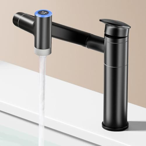 SINGSUO 1080°Rotatable Bathroom Vanity Faucet 1 Hole, Height Adjustable Single Handle Sink Faucet Bathroom with 2 Water Outlet Modes, Bar Sink Tap Single Hole with Temperature Display (Black)