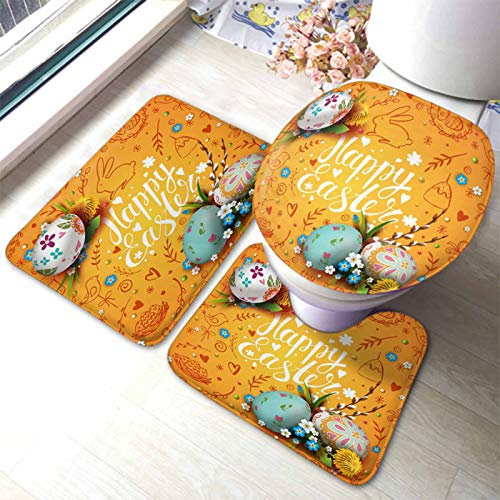 Set 3 Teilig Badvorleger Frohe Ostern Frohe Ostern Bunte Eier Und Blumen Weidenzweig Und Löwenzahn Badgarnitur Badematten Dekorative Weiche Badematte 3-TLG, Für Badezimmer, Badewanne