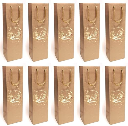 10 Stück Premium Flaschentasche - Merry Christmas - Natur Gold Papier Geschenktüte Flaschentüte