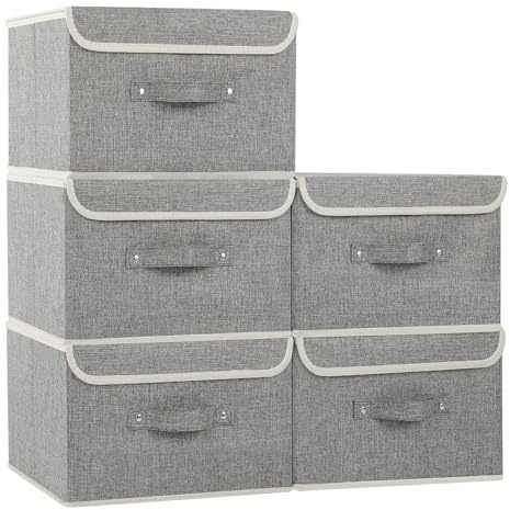 ENUMAIL Aufbewahrungsbox mit Deckel und Griff,33x23x20cm,Grau Boxen,5 Stück | Faltbarer Ordnungsboxen,Kleidung Organizer Box, Organisationsboxen mit Griff,für Kissen Kleidung Decken Bettdecken