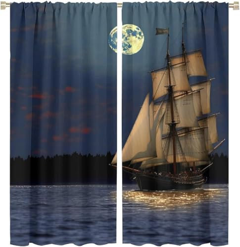 Vorhang Blickdicht Gardinen Mit Ösen - 2 Stücke 300X280 cm (B + H) Verdunklungsvorhänge 3D Segelbootlandschaft Muster Thermovorhang Für Kinderzimmer Wohnzimmer Schlafzimmer Weihnachtsgardin-453935708