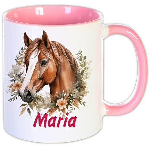 Unikatolo Pferdetasse mit Name personalisiert Keramiktasse, Kaffeetasse, Kaffeepott rosa mit Name & Motiv - Tasse für Kinder und Erwachsene Tiermotiv (Pferd 2)