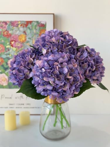 YalzoneMet 4 hortensias artificiales de seda morada, realistas, flores grandes de 20 pulgadas de largo, ramos de flores de hortensia sintética para decoración del hogar, fiesta, interior, exterior,