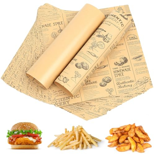 100 Blätter Burger Papier Deli Papierblätter, Backpapier Zeitungsoptik, Burger Pommes Papier für Korb, Käsepapier für Käse Sandwich Verpackungspapier Wrap für Butterbrot Frites/25x25cm