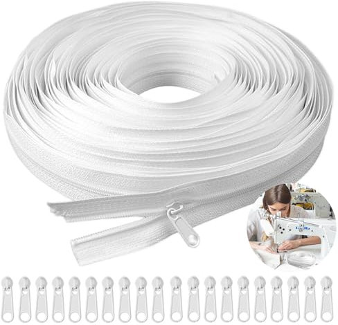 Chiusura lampo infinita, lunga chiusura lampo a spirale, 20 m, chiusura lampo infinita con cerniera in nylon, chiusura lampo infinita al metro con 40 cursori in metallo per biancheria da letto e