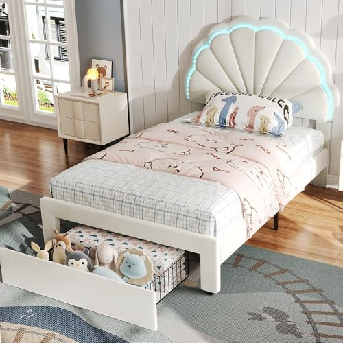 Merax Single bed frame, 3ft Single Upholstered Storage Bed, Chic Petal Shape Backrest, 16 Colors LED-light Strips, mit 1 Drawer, Iron Bed Legs, Velvet Fabric, Beige/90CM*190CM