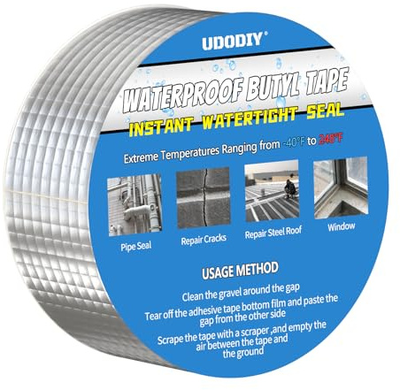 UDODIY Butyl Tape Waterproof Tape Aluminum Foil Tape, Butyl Sealant Tape for RV Repair, Roof Patching, Boat Sealing, Leaking Pipes, Window, Silicone and Glass-Repair Tape Indoor/Outdoor, 5cm x 5m