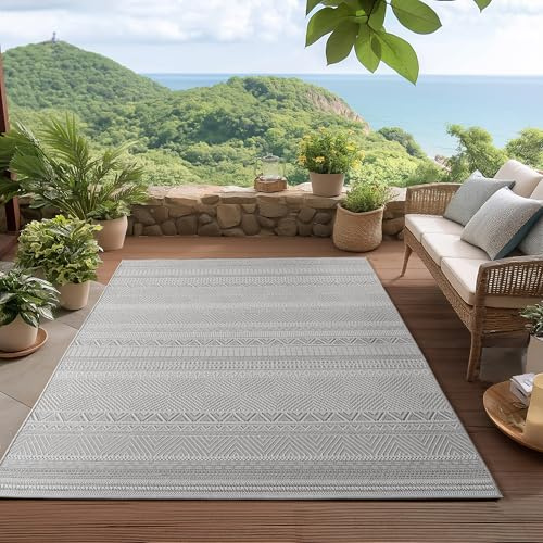 HomebyHome Outdoor Teppich Grau 120x170 cm Wetterfest UV-beständig Pflegeleicht Skandinavisches Boho Design für Küche Balkon Terrasse Garten Wohnzimmer