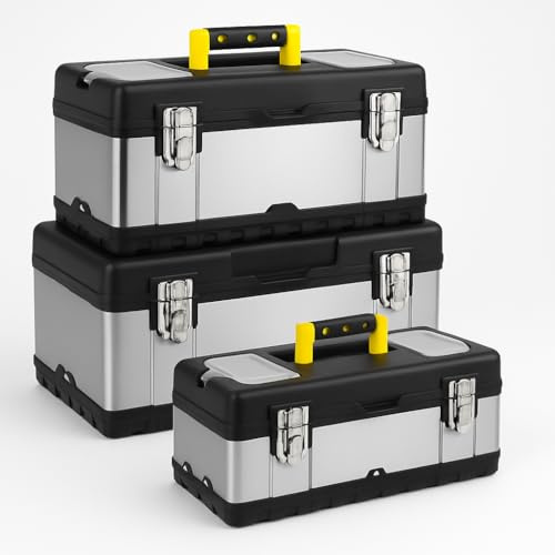 CROWNSHOP Tool Box Set 14 17 19 Inch Metal Storage Cases Removable Trays | Portable Workshop Organizer 3-layer compartments dual latches clear lids keep tools parts sorted