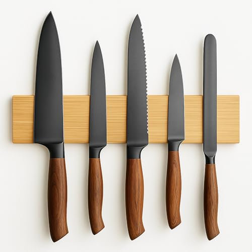 FB Funkybuys Magnetic Knife Holder for Wall - Space Saving Bamboo Knife Rack - Multipurpose Magnetic Strip with Strong Grip for Kitchen Utensils, Tools, and Garages (40cm)