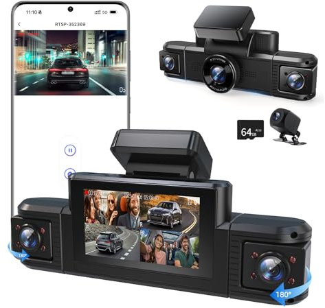 Adelagnes 4-Canali Dash Cam Auto,5GHz WiFi Doppia Telecamera per Auto,Dashcam Auto 360 gradi IPS 3.18 con Scheda SD 64G,Visione Notturna,WDR, Grandangolo 170°, Sensore G,Monitor di Parcheggio