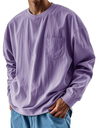 T-shirt long pour homme 5XL - Sans capuche - Noir - T-shirt surdimensionné avec poches - Couleur unie - Décontracté - Manches longues - Léger et fin - Coupe ample - Grandes tailles - T-shirts basiques