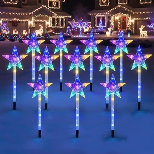 MaxEarn 12 Stück Bunt Stern Lichterketten Außen, 96 LED Garten Leuchtstäbe | 8 Modi mit Timer, IP44 Wasserdicht, Netzbetrieb mit 3m Kabel für Garten, Wege, Rasen, Einfahrt, Weihnachten Deko Innen &Außen