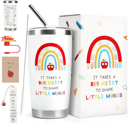 Top-Spring Regalos para profesoras, taza de viaje de 591 ml con pajita y tapa, tarjeta personalizada y marcapáginas, taza de regalo para profesores de parte de alumnos/padres (Arcoíris)