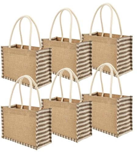 KTCINA 6Pcs Jute Burlap Tote Bag, 23x16x11cm Reusable Blank Burlap Grocery Bag with Handle, Natural Blank Jute Tote Bags Bulk for Grocery Shopping, Weddings, Travel, Bridesmaid Gift, DIY Crafts