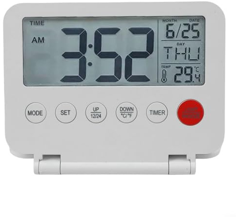 Réveil de voyage avec écran LCD, répétition, rétroéclairage, format 12/24 heures, calendrier, affichage de la température intérieure, mode week-end, bureau compact et horloge de chevet (blanc)
