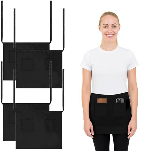 4 Stück Schürze Schwarz mit 2 Großen Taschen,Kurz Kellner schürze,Kellnerschürze Schwarz Schürze Damen,Vorbinder SchürzeDamen,KüchenschürzeDamen und Herren für Restaurant, Bistro, Haushalt, Café