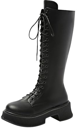 Stivali alti al ginocchio, da donna, invernali, con suola piatta, antiscivolo, con lacci, in pelle PU, con plateau, Nero , 42 EU