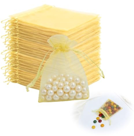 50 Pièces Pochette Cadeau Doré Sachet Organza Gift Bags 7x9 cm, Sac en Tulle pour Bijoux, Bonbons, Dragées de Lavande, Mariage, Sacs à Cordon, Petit Pochette en Tissu