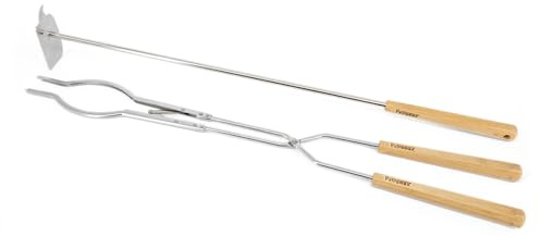 Petromax Ustensiles de feu de camp en acier inoxydable – Pince à feu et tisonnier avec manche en bois extra long – Outil d'extérieur résistant à la chaleur pour barbecue, brasero et camping