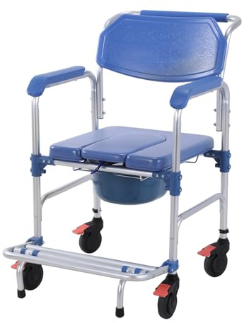 Hubxinly 3-in-1 Foldable Rolling Shower Chair with Wheels, Drop Arms, Commode, Anti-Tilt Footrest, Holds Up to 330 Lbs, Removable Bucket for Elderly & Disabled