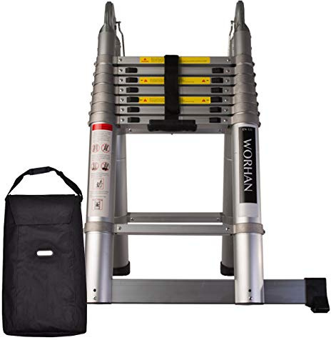 WORHAN® Echelle 5m Télescopique Aluminium Anodisé Modulable Pliable Polyvalente Escabeau Solide avec des Anneaux en Aluminium AK5+Bag