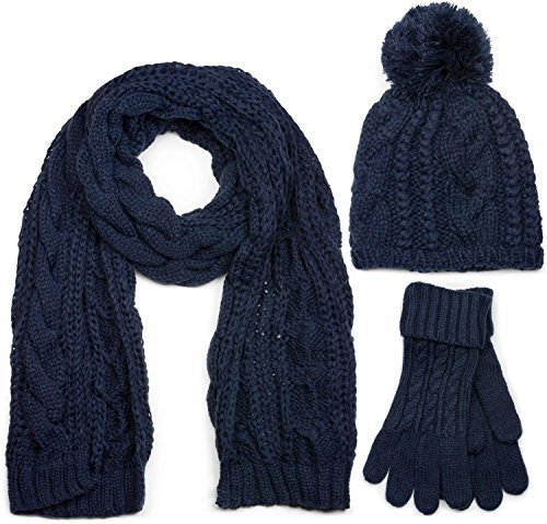 styleBREAKER Schal, Mütze und Handschuh Set, Zopfmuster Strickschal mit Bommelmütze und Handschuhe, Damen 01018208 | 3-Teilig. Schal 185x35cm. Mütze bis 59cm. Handschuhe Umfang 16-21cm. elastisch. winterfest. abgestimmte Kombination.